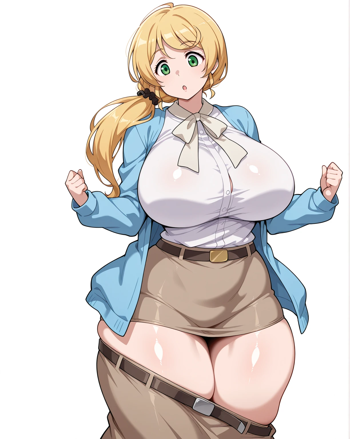 Highest quality, Solo Mature, Huge breasts, Huge Ass, Very curvaceous, Fuller lips, Fascinating, smile, Ellen_bakery, Green Eyes, blonde, Long Hair, Hair Scrunchie, Jacket, White shirt, Skirt best quality, Thick thighs, Curvaceous physique, bent over, skirt lift, showing ass,