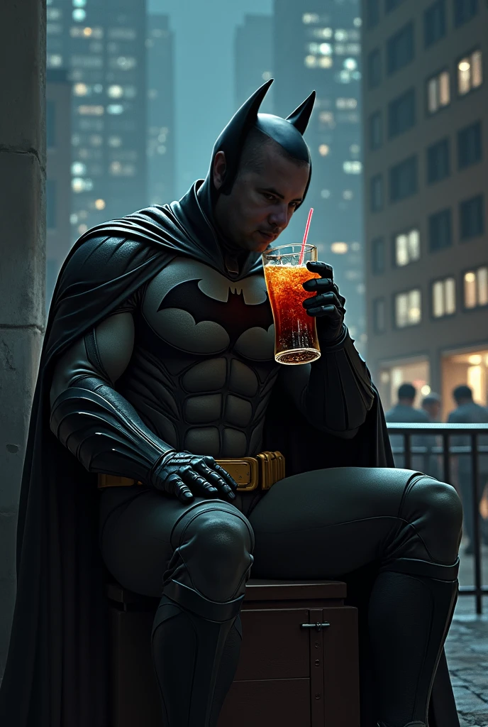 Create artwork of Batman in uniform enjoying his vacation drinking and dancing