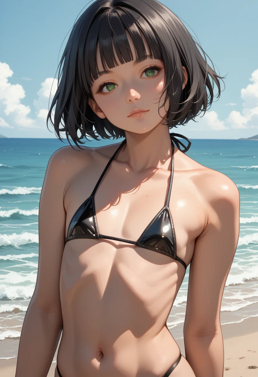 (ultra realistic, Best quality, masterpiece, perfect face) dyed hair, 12 year old girl, tight thin swimming trunks
