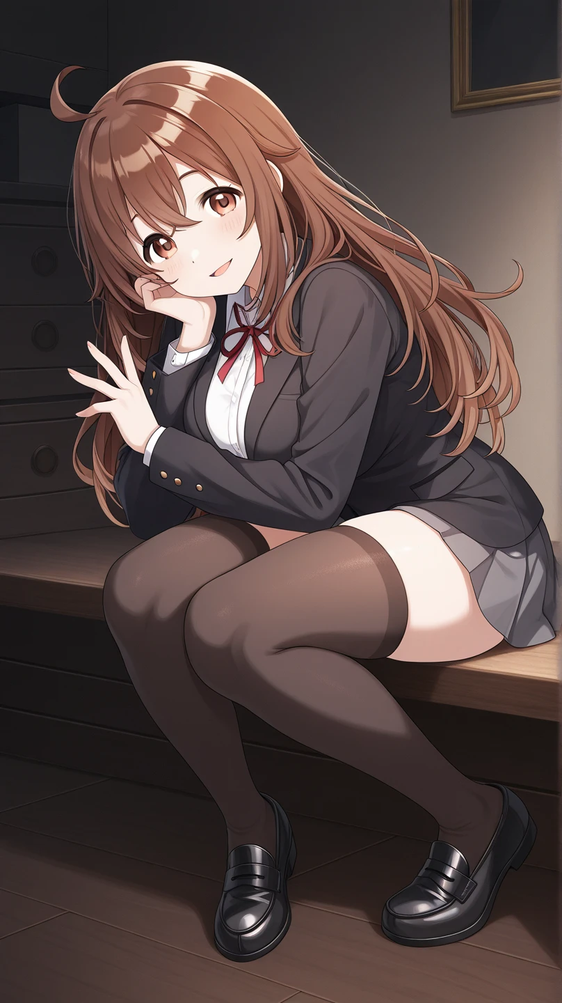 Japanese-style room、Great Hall、Igusa tatami mats、Laughter、(Squat:1.2)、Spread your legs wide、Panties are visible、Black suit、Black mini skirt、OL、Black pumps、Professional attire、(24-years-old:1.1)、(smile:1.3)、(Shiny Hair:1.3)、 Brown haired、Indoors in bright sunlight:1.2, Photographed from the front、Beautiful and detailed eyes、 View your viewers,cute、Wearing high heels on tatami mats