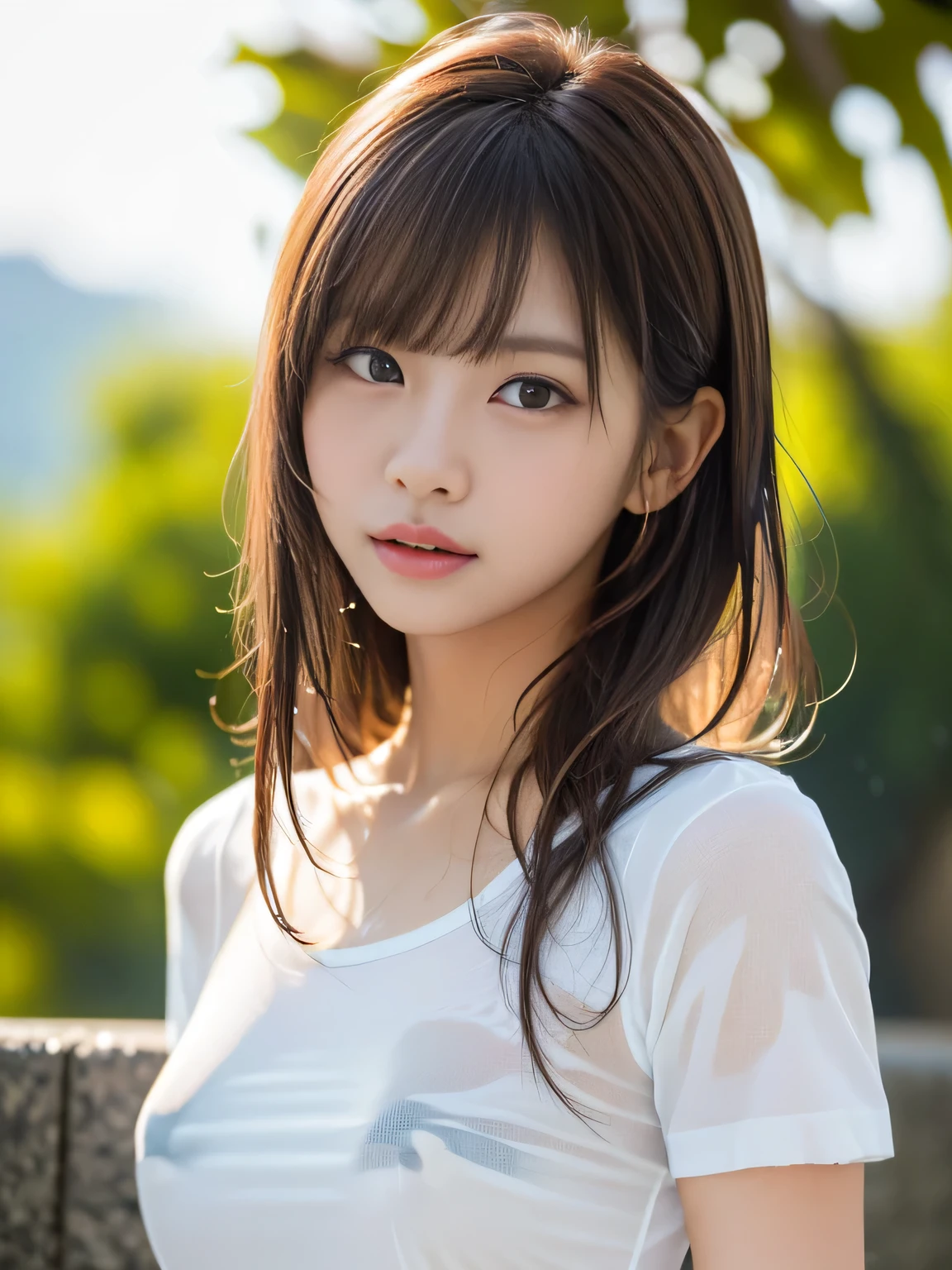A beautiful young Korean Idol, model-like appearance, cowboy shot, (All over the body is wet), (Wear a wet wet white shirt), (uneven bangs with brown ash hair), (white background), realistic skin texture, sun light, natural lighting, radiant skin, ethereal aura, subtle highlights, realistic lighting, highly detailed, high resolution, 8K, masterpiece,
