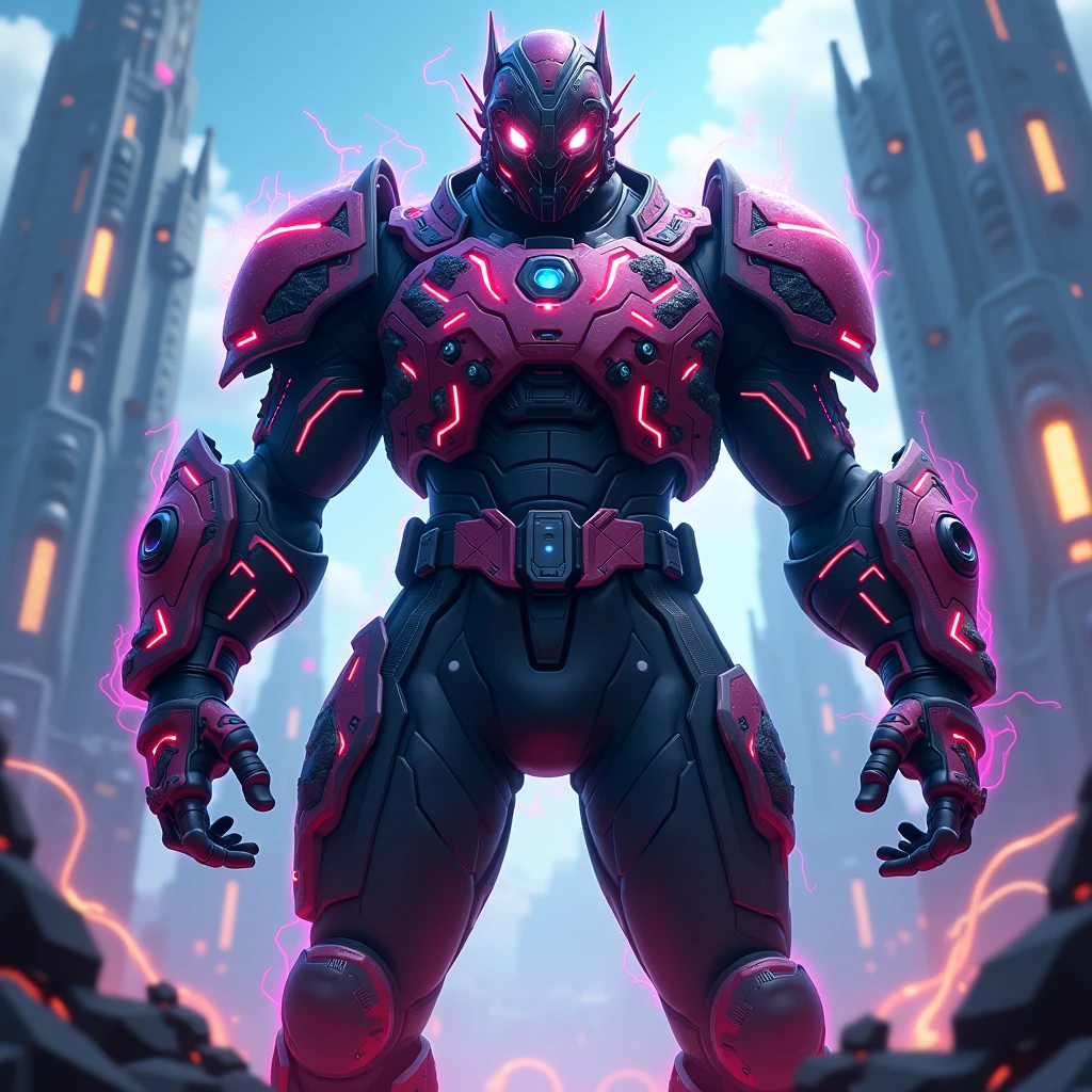 (masterpiece), best quality, detailed, 1man, imposing figure, humanoid creature, cybernetic enhancements, muscular, full body, organic tissue visible, metallic armor integrated with flesh, red cybernetic eyes, advanced sensors, mechanical arms and legs with organic components, integrated weapons, urban battlefield, aggressive stance, cyberpunk, futuristic, neon lights, post-apocalyptic cityscape, glowing veins, bio-mechanical fusion, scars and implants, partially exposed muscles
