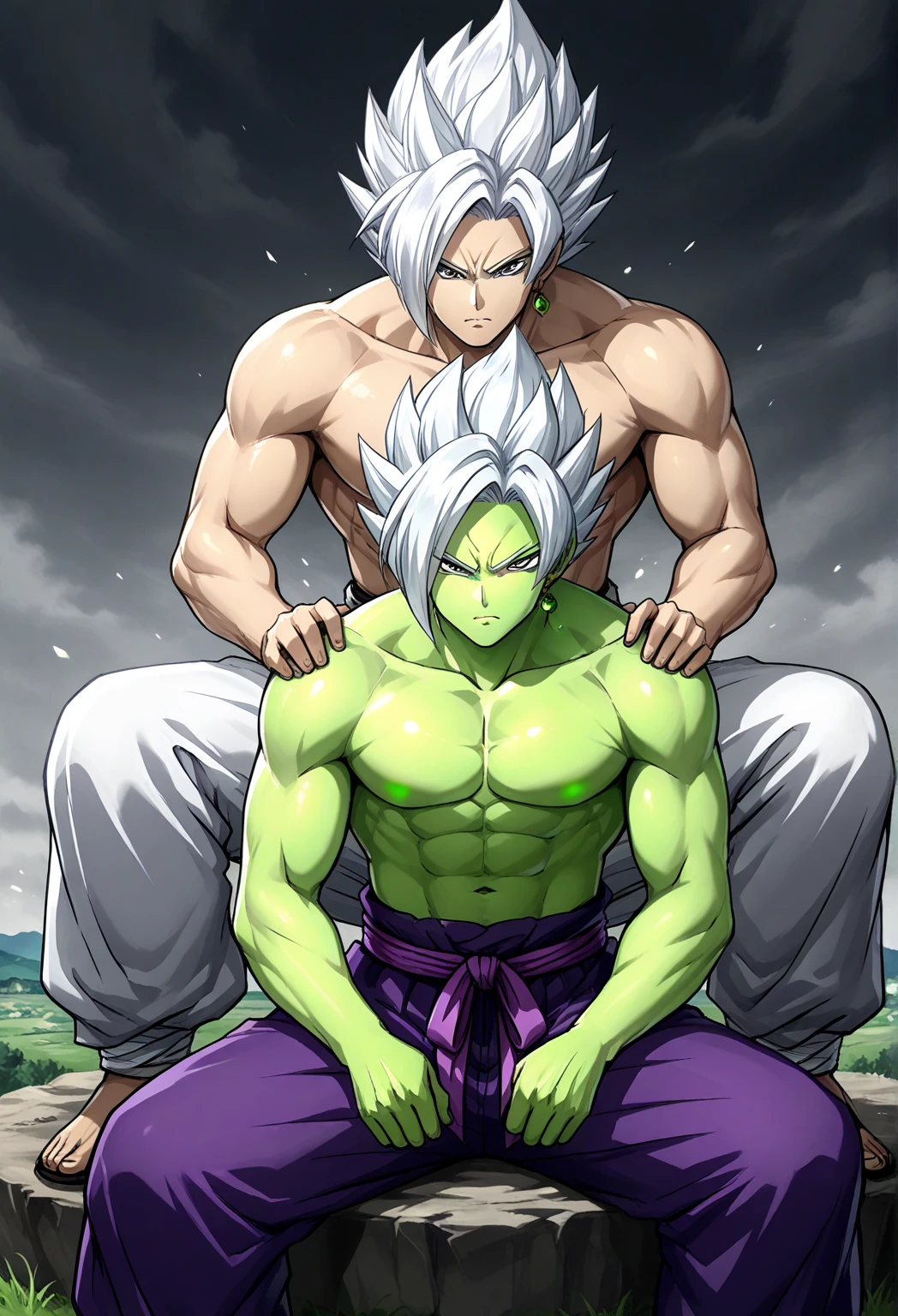 1 futanari, Saiyan, white hair combed back, green eyes,slim, thin waist, wide hips, brown skin color, medium breasts, futanari, nudes, no clothes, huge dick, veins, girl(lady nagant) , girl(lady nagant) pussy, futanari on girl (lady nagant), futanari doing sex with girl.