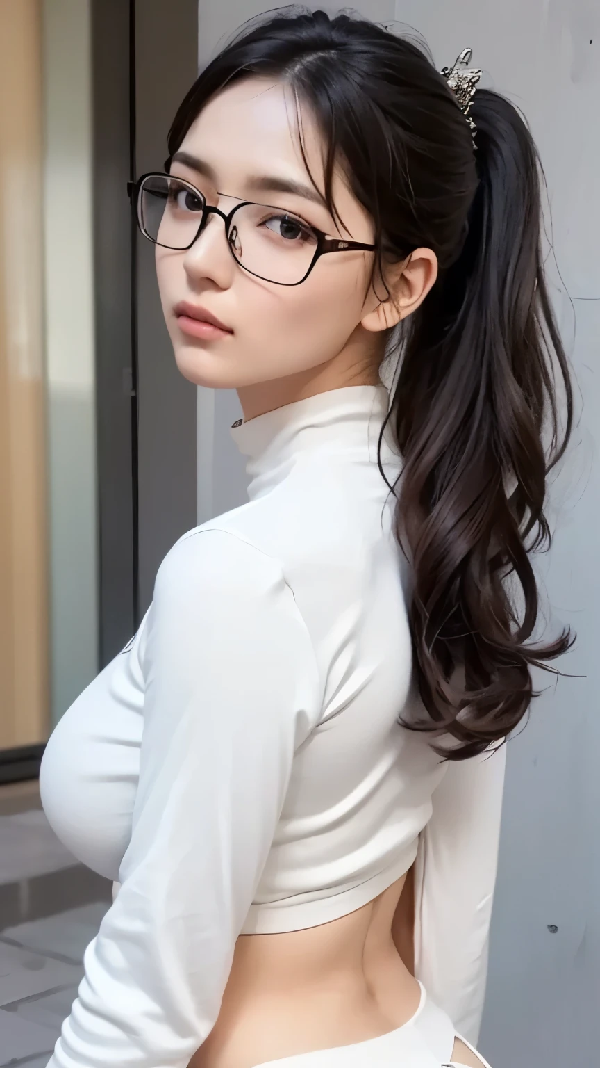 (masterpiece:1.2), (In 8K、Ultra High Definition、ultra high definition、Ultra HD、超realisticな、Best Quality), (realistic - photo ), high-definition RAW color photos, professional photography, Natural sunlight, soft shadows, (realistic:1.3), A 30-year-old woman、1 person, perfect anatomy, poster quality, (high-definition facial and skin textures, Shiny Skin, oily skin, Strong gloss), (big eyes:1.2), (face close-up:1.3), male wolf, (No makeup:1.2), stares at the viewer, (glares at viewers), detailed eyes, dark eyes, ( shining eyes), long、Eyelashes, hot button, black hair, (とてもblack hair), black straight hair, Black wavy hair、sauvage hair、long hair、(とてもlong髪), (Ponytail), tied hair , (hair ornament), (赤色のhair ornament), Silver Glasses, White Cap, anatomically accurate neck, natural short neck, Natural neck, (Her big bust、droopy:1.2), anatomically accurate breasts, huge breasts, saggy breasts in the cleavage, Deep-Chest Valley, Narrow Waist, (Her big butt、大きくdroopy:1.3), big thighs, long脚, (She、I'm wearing white pants), silver tunic, pink high neck, silver collarless jacket with white pants, yellow long sleeve blouson, white inner, Red shirt