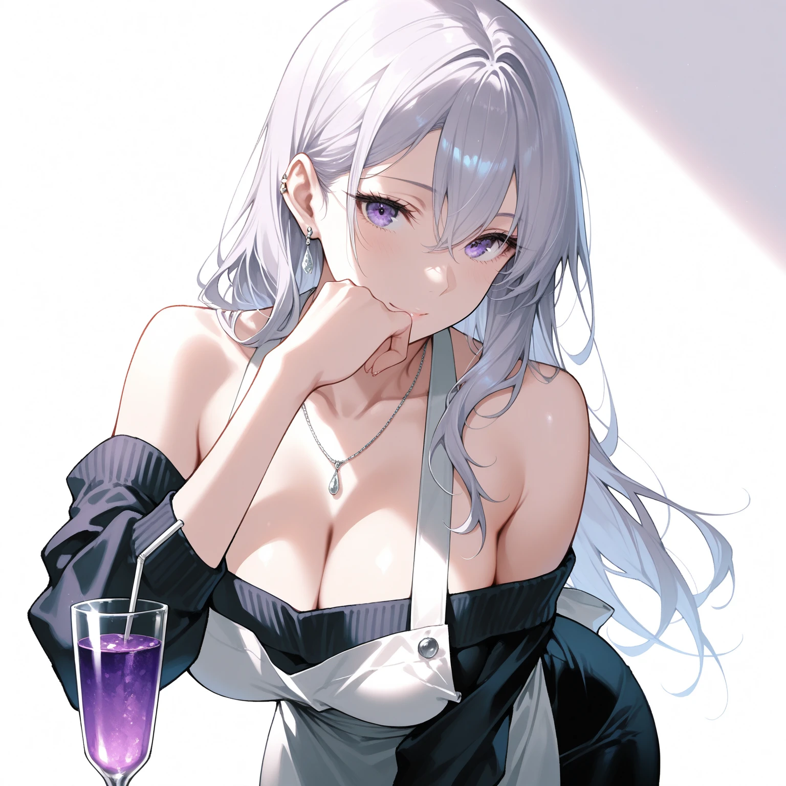 1 Girl, Silver Hair, Long Hair, blue eyes, Medium Chest, Black clothes, Shoulder strap, drink, Lying on the table, sexual intercourse, Wet, Obscene language
