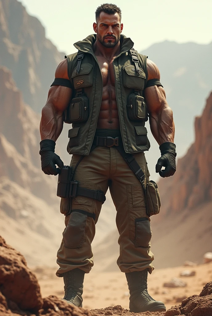 ((medium wide shot)), wasteland warrior, handsome man, bodybuilder, bulge, post-apocalyptic, beard, detailed, realistic, white man, dirty:0.8, dramatic