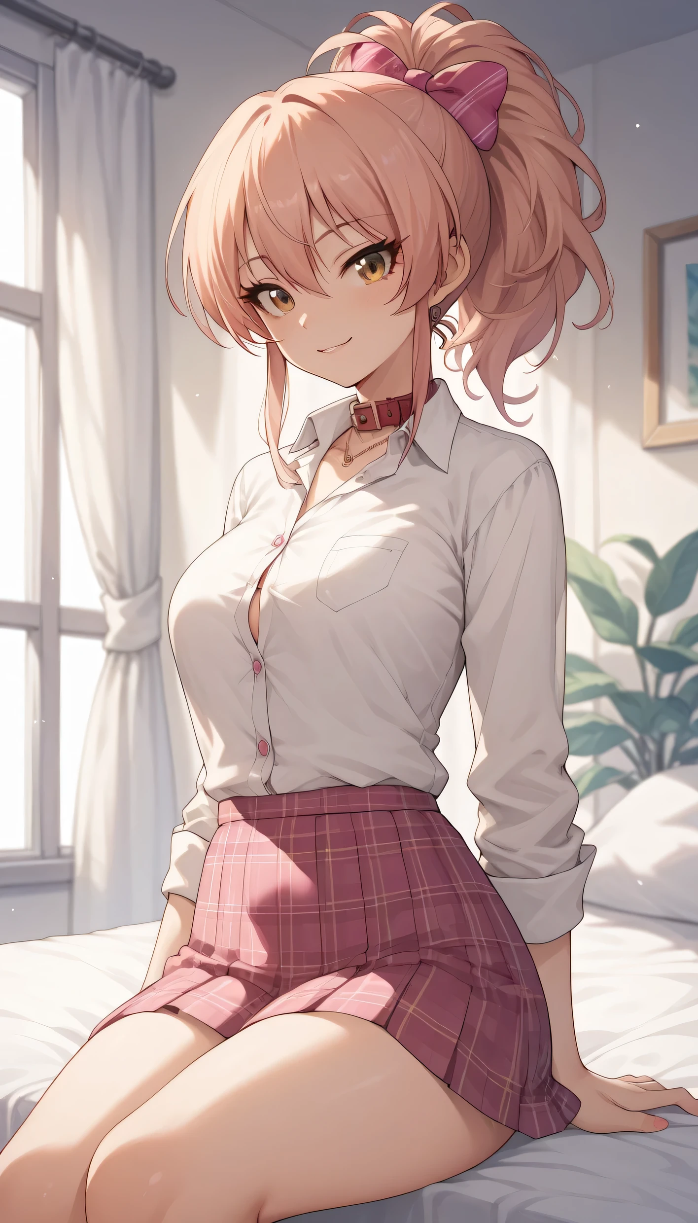 An image of Mika Jougasaki , long hair and ponytail, wearing a white shirt with collar and buttons and a short pink plaid school skirt , posing erotically standing in a room , Sitting on the edge of a bed with her legs spread