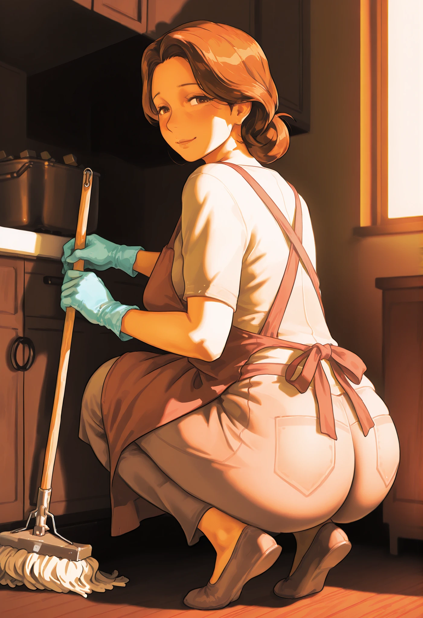 mature woman, cleaning, portrait, sexy woman, relaxed expression, straight posture, household activity, housewife, housework, apron, rubber gloves, Cube, Mop, warm environment, soft lighting, earthy tones, oil on canvas, muted color palette,  figurative art , realism, 4k, ultra detailed, mastery,crouched,squat,four-legged,ass