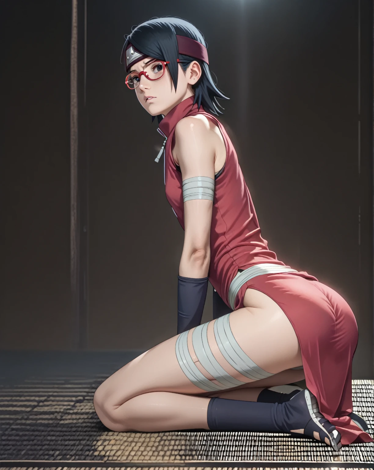 Naked, wet pussy, no pants, wearing red clothes, black hair, short hair, showing armpits, showing pussy, cute face, sharingan eyes, sarada_uchiha, in class, on the desk