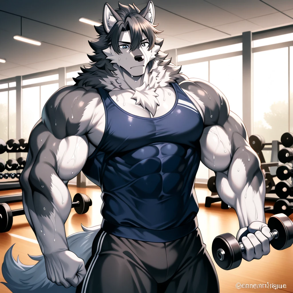 1 boy, solo, there is a man in a underwear taking a selfie, anthropology, wolf, hairy, blue and white fur, shritless, flex left arm muscles, korean muscle boy 2 1 years old, shirtless :: high detail, open v chest clothes, taken in 2 0 2 0, the super hot and sexy, the extremely hot and sexy, robust stocky body, 30 year old man :: athletic, taken in 2022, full scene shot ,selfie, locker room, jock, sweating