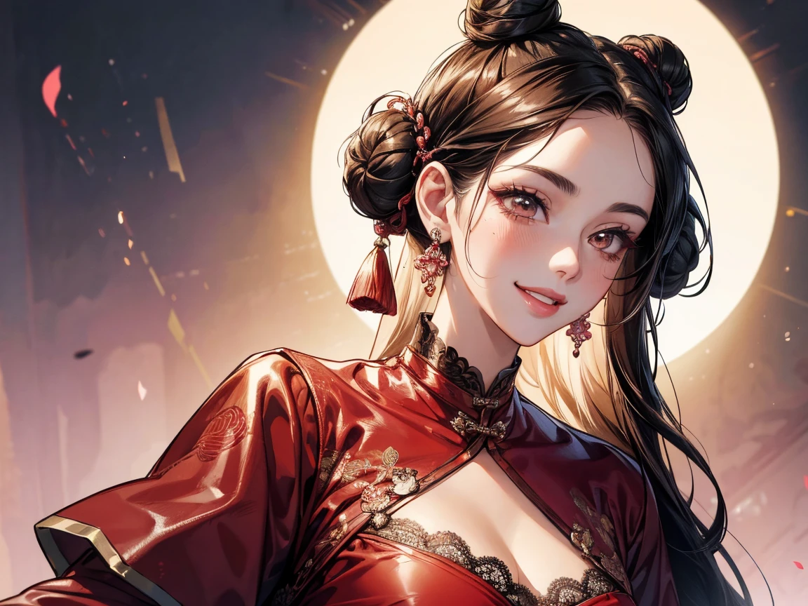 High resolution, 1 female, hip up, beautiful eyes, Ring-shaped eyes, jewelry, tattoo, Hanfu, chinese fairy, taoist uniform、cleavage、smile、
