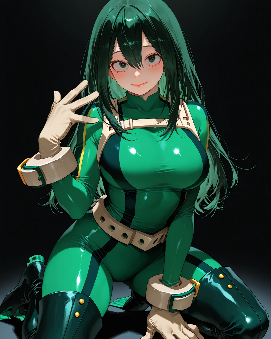 masterpiece, highest quality, High resolution, 1 girl, ticker, long hair, big breasts, race_Queen,green leotard, Jacket, embarrassing,closed mouth, field,