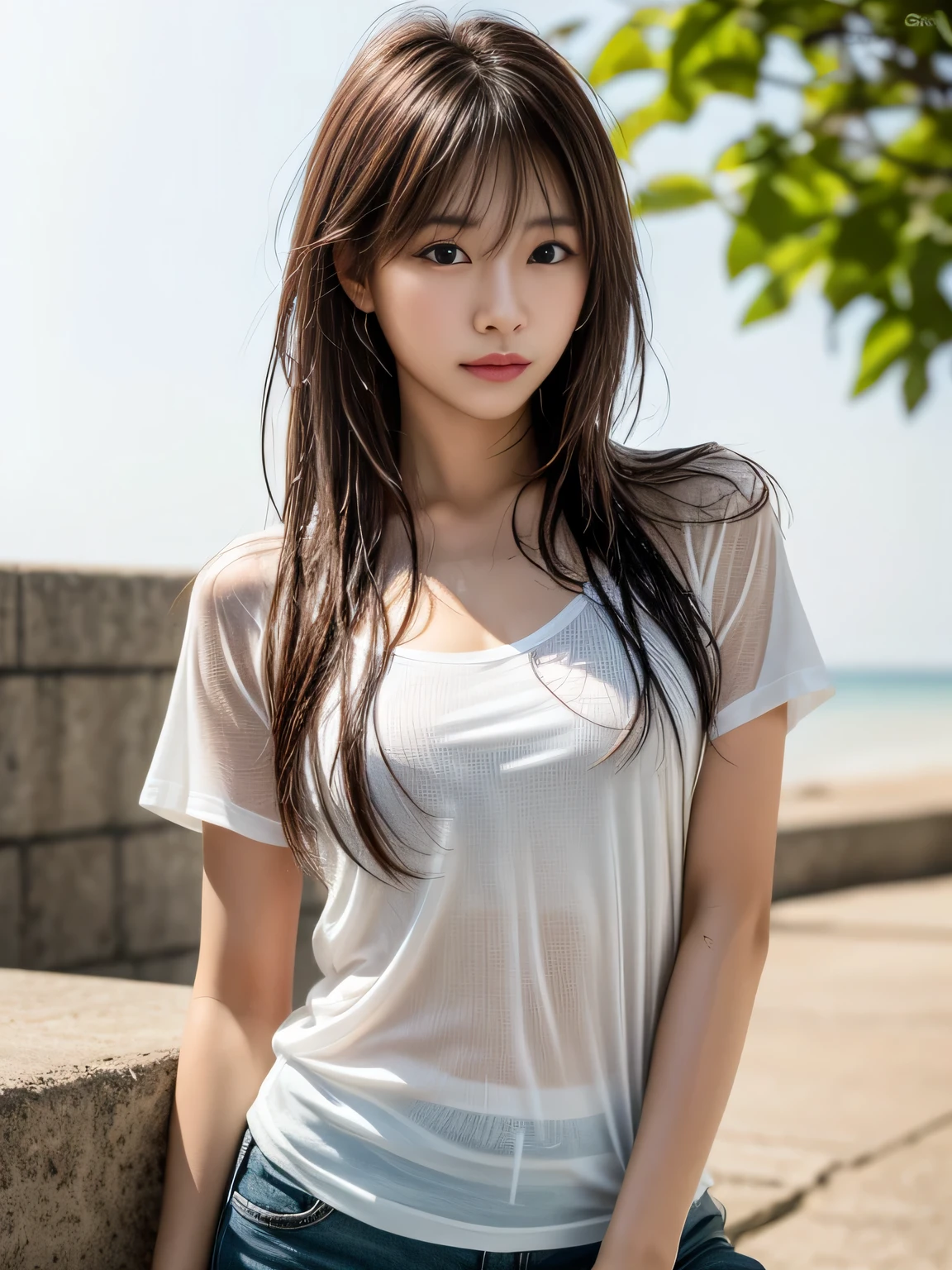 (masterpiece:1.3), (8k, Realistic, RAW Photos, Best image quality: 1.4), (Random Hairstyles:1.2)、(Highly detailed face)、Attention to detail、double eyelid、(Dark Eyes),(Sharp focus:1.2)、((whole body:1.7)),One Woman、Beautiful woman:1. 4,20-year-old woman、smile,Woman with a perfect body,Beautiful Abs,Chest-length hair、Highest quality、masterpiece、Ultra-high resolution、(Realistic:1.4)、super high quality、Symmetrical face、The face is very realistic、Photo level、8k最高画質はフル、Sebaceous reflex、The face is very realistic、Extremely realistic skin、Realistic light and shadow effects、(Pure and elegant girl),Professional Lighting、Swayback,Beautiful thighs,Sexy pose,((Underarm)),Seductive pose,((outside,rain)),((cloudy,evening)),(天気はrain:1.5),T-Shirts,(濡れたT-Shirts,透けてるT-Shirts,Wet body),(透明なT-Shirts),((濡れてるT-Shirts)),((透け透けT-Shirts)),(panties), (see-through bra)