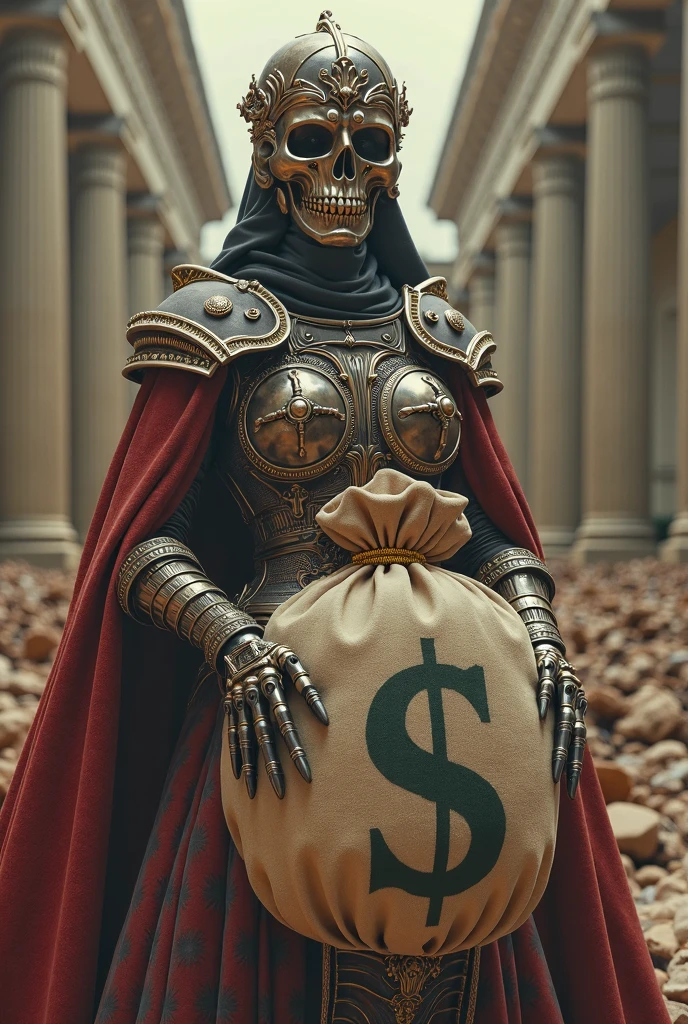 The Predator, hunched over in a tattered, dirty vest,，Holding a full armful of banknotes，A few banknotes were floating in the air，Pitiful，Predator helmet，His armor is all rusted，Street background，Depth of Field，High-resolution details，masterpiece
