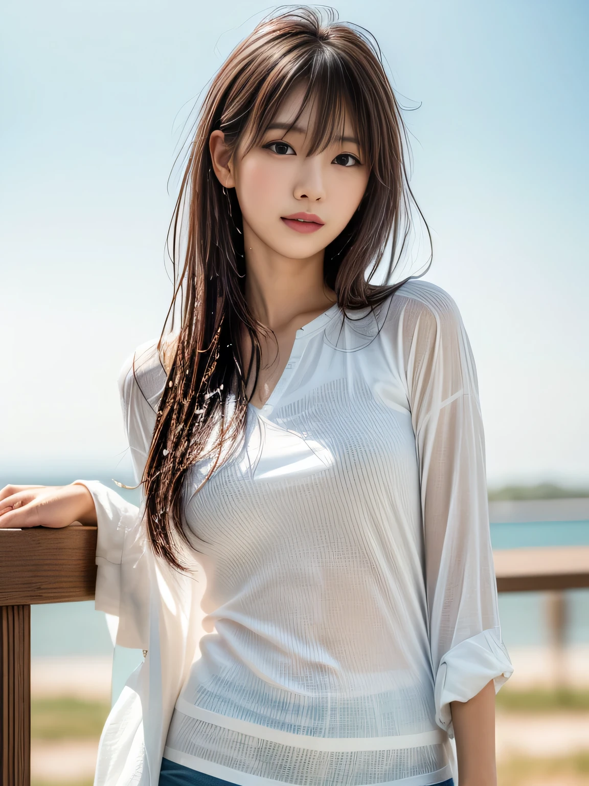 White Shirt、full body shot、Complex and beautiful eyes、woman、womanらしい髪型、Natural color lip、Big Breasts、valley、bold and sexy pose、smile、Ocean、((18歳woman:1.2))、Young adorable Japanese face, Official Art，Highly detailed CG Unity 8k wallpaper，（masterpiece:1.0),(highest quality:1.0), 超A high resolution,4k,Very detailed, photo shoot, 8K, nffsw, High resolution, Kodak Portrait 400, Film Grain, Lens Flare Glow,高いest quality,8K,nffsw:1.2),Portrait Shot,8K、View Viewer