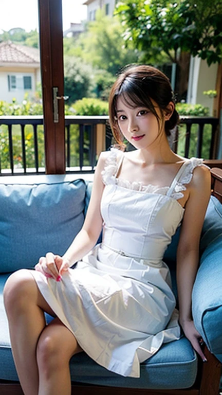 a lot of details, (slender waist), 30 years old, detailed black hair, beautiful detailed hair, super fucking beautiful, complex details beautiful and delicate eyes, perfect hands, (small breasts best quality), perfect and delicate limbs, detailed skin, best quality, ultra-detailed,
(full body), Girls' Front, sitting, Elegant hair, cheerful grin, off shoulder top, skirt, white Clothes, Japanese architecture, Japanese courtyard, god ray,(Scene of basking in the sun on the porch:1.3)