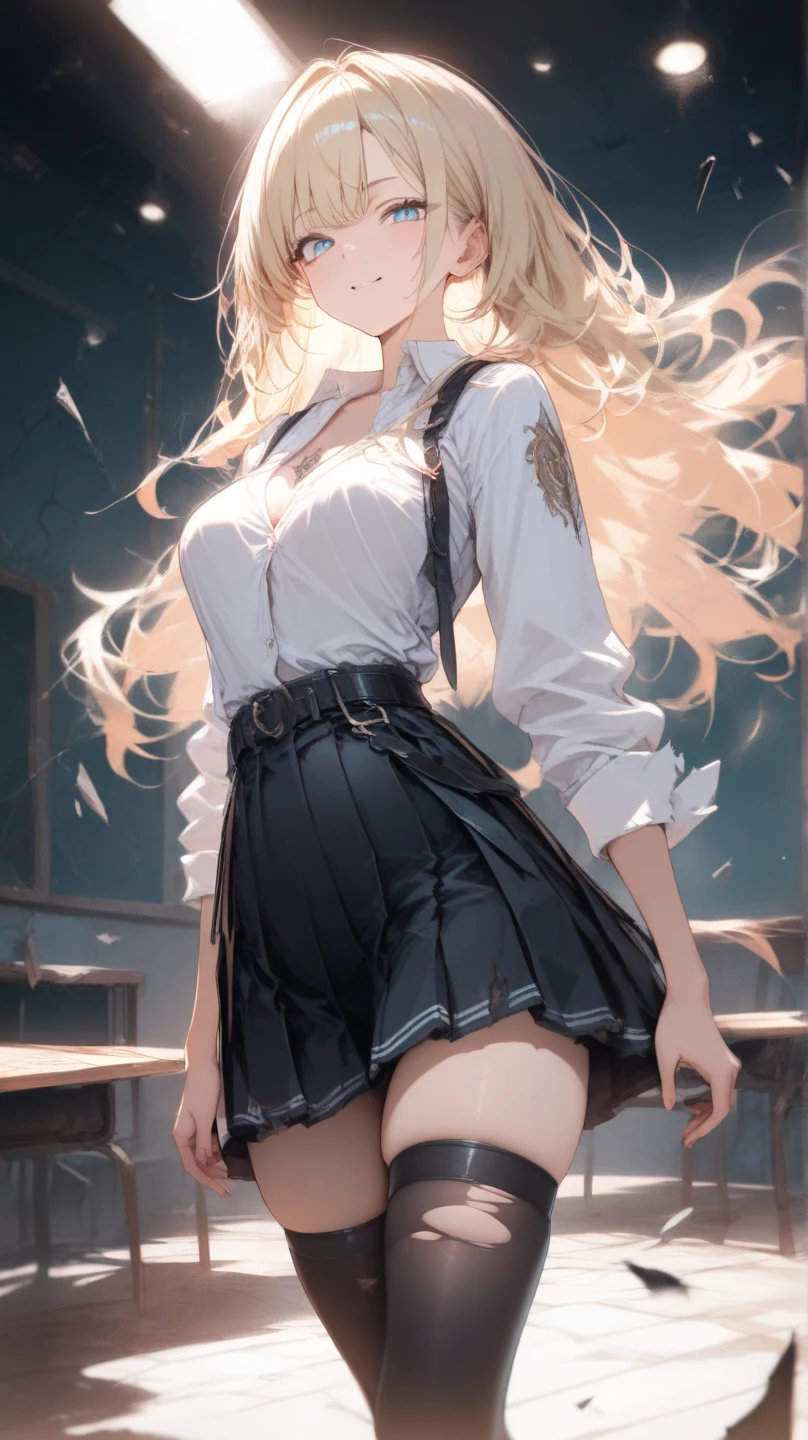(highest quality, 8k, masterpiece, best image quality,  ultra hd, delicate and smooth skin, real looking skin, perfect and beautiful face ,perfect and cute face, high detail skin, perfect limbs、thin waist、thin legs)、at school、smiling、