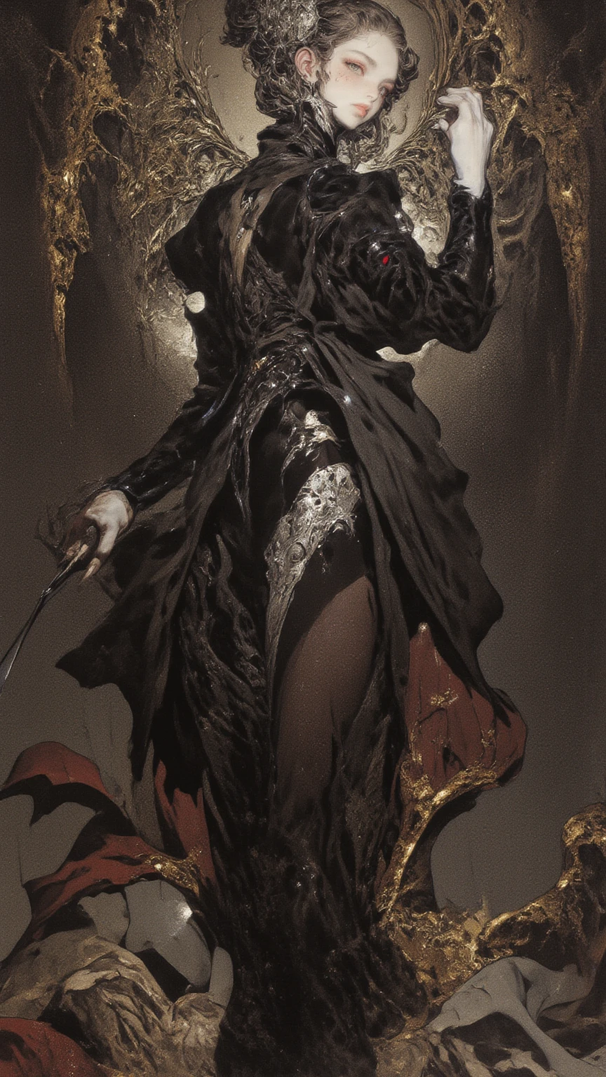 No name assassin, red eyes, cloak, robe, white gloves, dagger, black hair, long skirt, mask, hood, cape, looking at viewer,outdoors, (masterpiece:1.2), best quality, high resolution, unity 8k wallpaper, (illustration:0.8), (beautiful detailed eyes:1.6)