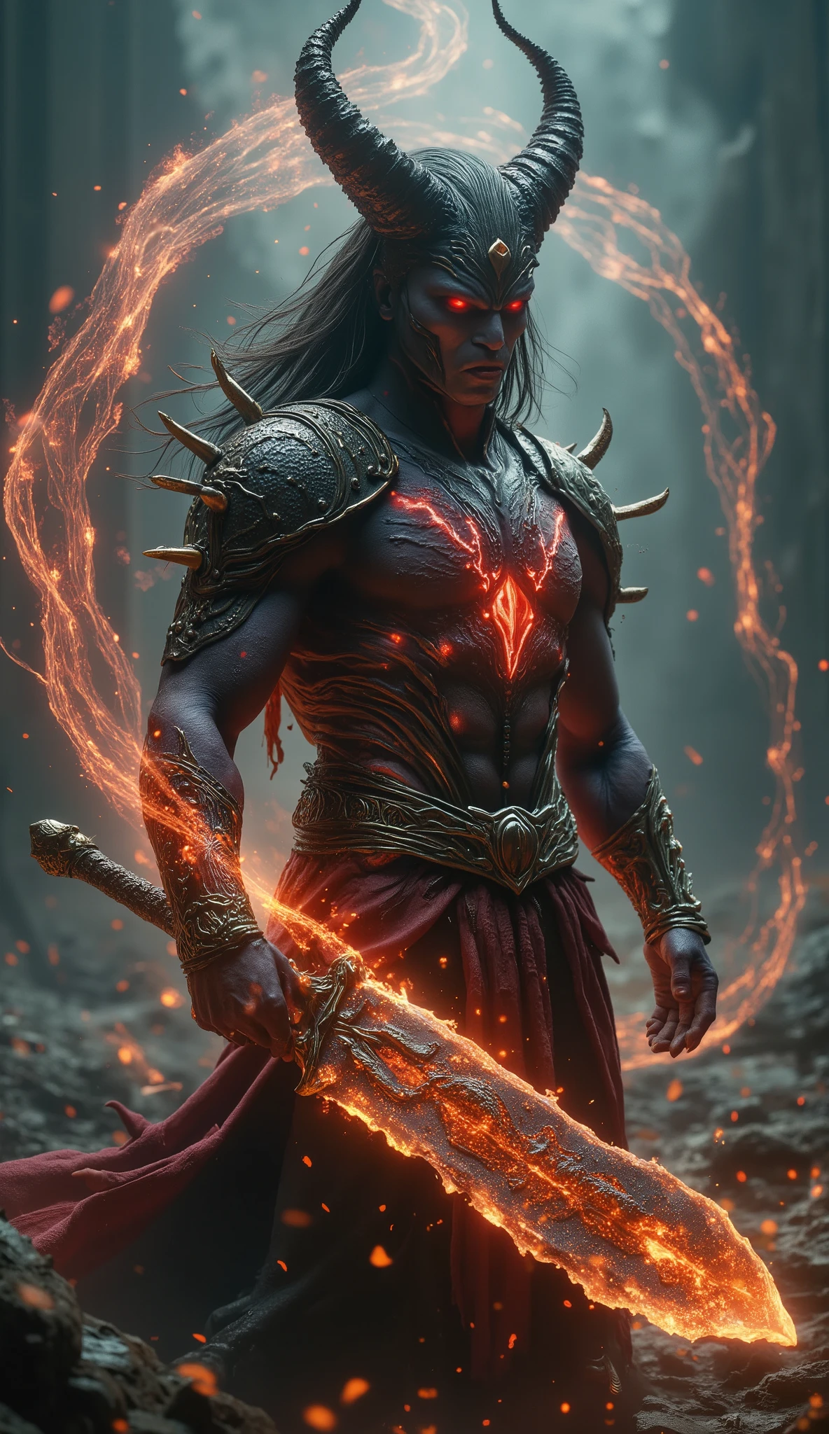 An ultra-realistic full-body portrait of a captivating demon warrior, radiating dark power and terrifying grace. His pose is menacing yet elegant, brimming with brute force and demonic authority. He wears modern armor with spikes, forged in black obsidian and molten metal, intertwined with demonic sigils and dark leather straps. The armor is accented with intense shades of red and intense orange, with subtle touches of molten gold and polished obsidian, creating a striking and powerful contrast. The armor design is both functional and supernatural, with intricate demonic patterns, flexible plates for greater mobility and ducts Bright energies that pulse with infernal power. His photorealistic face is fierce and imposing, with sharp and angular features, penetrating red eyes that burn with hellish fire and an expression of unwavering determination. His long black hair is combed in wild braided locks that twist as if they were alive, adorned with sharp metal spikes and molten gold forks that shine with infernal energy. Ethereal and shiny tattoos in vibrant red and black patterns stretch across his arms and face, adding a seductive and at the same time threatening charm to her demonic aesthetic. He wields a huge long sword with spikes, whose blade is brimming with demonic energy and whose surface is engraved with brilliant infernal runes, which emphasizes his destructive potential. The burning weapon is the focal point, radiating chaos and pure power. The background is a vivid and hellish landscape, with rivers of molten lava, serrated and blackened rocks, and abstract energy currents swirling in tones intense red, black and molten gold. The environment amplifies its imposing presence, with undulating columns of smoke and burning embers that create a sense of movement and intensity. Dramatic cinematic lighting enhances the scene, casting intense shadows and flashes in