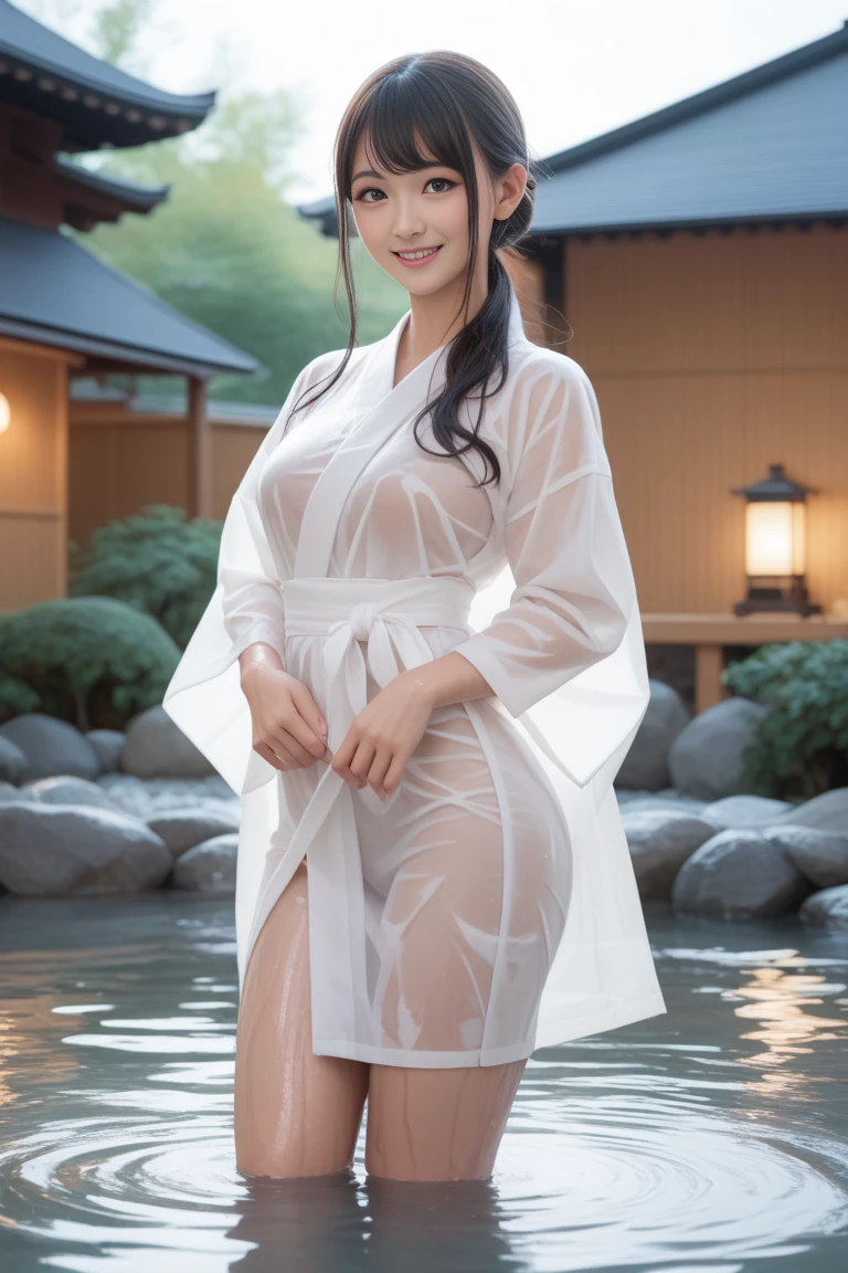 A beautiful Singaporean woman with nice blossom, wearing elegant see thru  kimono. Very realistic.