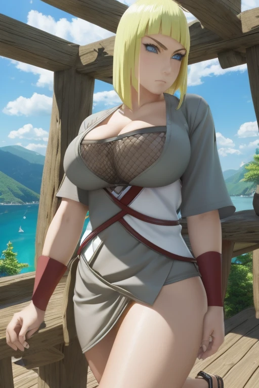 Samui from naruto, 1girl, western girl, solo, (huge tits), busty, thiccture perfect, short blonde hair, tall girl, large eyes, anime eyes, small pupil, light blue eyes, both hands have same size, both eyes have same sizes, beautiful lady fingers size, thigh cleavage, nipple, wearing sexy gray and white ninja outfit, gray kimono, black fishnet, red leather, wearing miniskirt, wearing red handband, cleavage, wearing black shinobi sandal, looking at viewer, emotionless, kunoichi, fighting pose, cowboy shot, full body shot, portait foto, in the top of the mountain, standing on rock, cloud, mountain view, semi realistic artstyle, 3d, absurdes, NSFW, high res, ultrasharp, 8K, masterpiece, best quality
