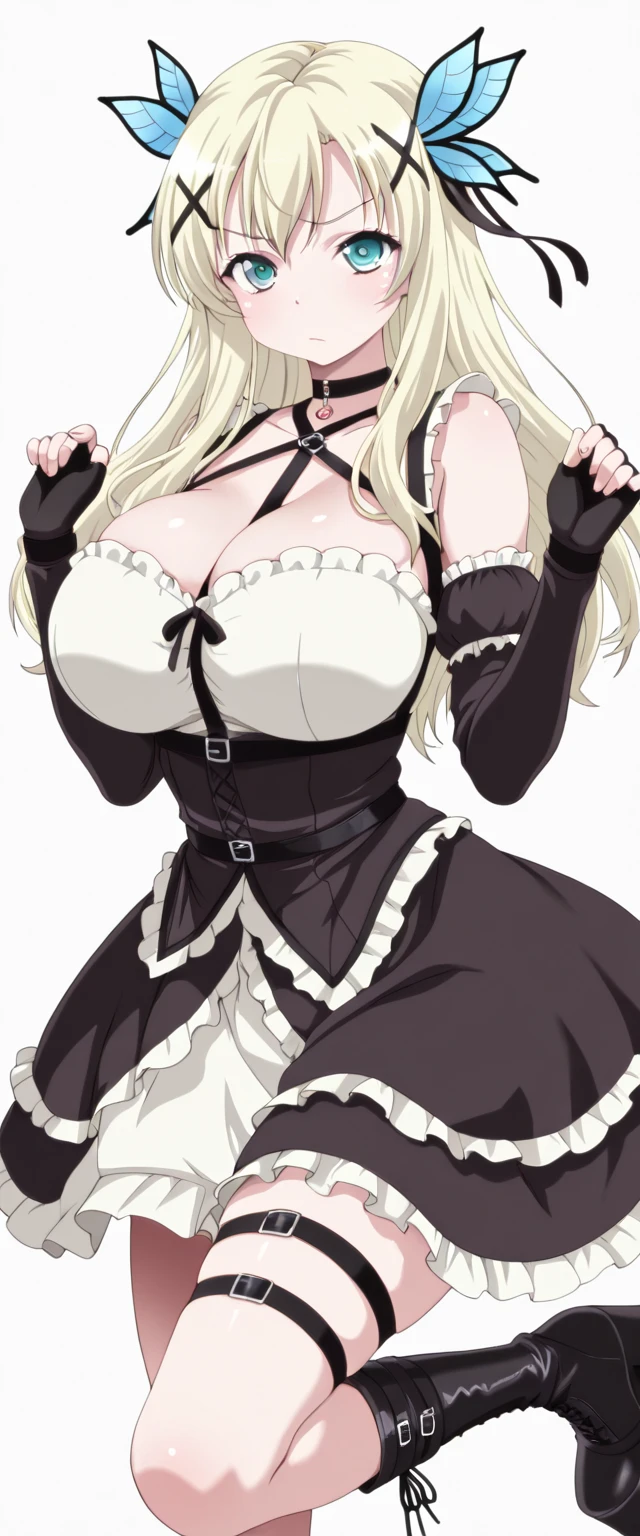 anime girl with blue eyes and a black dress posing for the camera, seductive anime girl, in dress, , beautiful anime girl, large breasts, triple D cup breasts, beautiful anime woman, beautiful alluring anime woman, blonde anime girl with long hair, anime girl wearing a black dress, guweiz on pixiv artstation, detailed digital anime art, top rated on pixiv, fishnet leggings, garder belt , lifting skirt