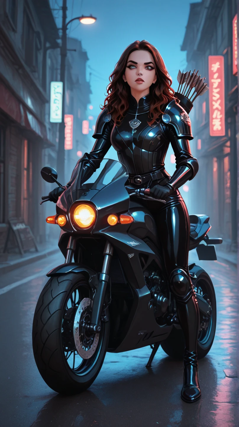 Best image quality, outstanding detail, ultra high resolution, (realism: 1.4), best illustration, prefer details, highly condensed 1girl, delicate and beautiful face, dressed in black and red mecha, big, long hair, disheveled hair, tiara, wide ass, riding a motorcycle, turning around, background is a futuristic city high-tech lighting scene