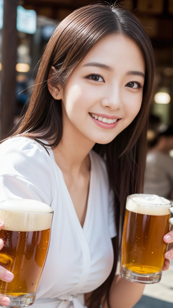(Distant view:1.5),(super High Ponytail),forehead,realistic,sfw,beautiful thai woman,smile, tank top,huge breast:1.3,London pub,beer,fish and chips,(slim waist),beautiful skin,