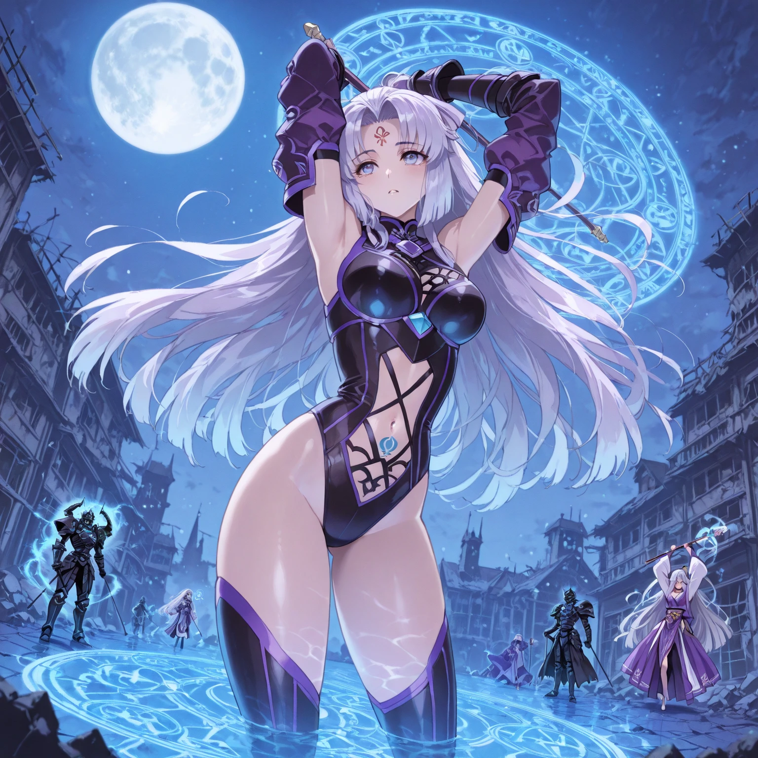1 teen girl, young, long white hair, fighter, huge melee weapon, big sword, purple eyes, purple panties, medium breasts, hanging cloth covering chest, sideboobs, underboobs, demon, small horns, purple claws, in the mointains, night
