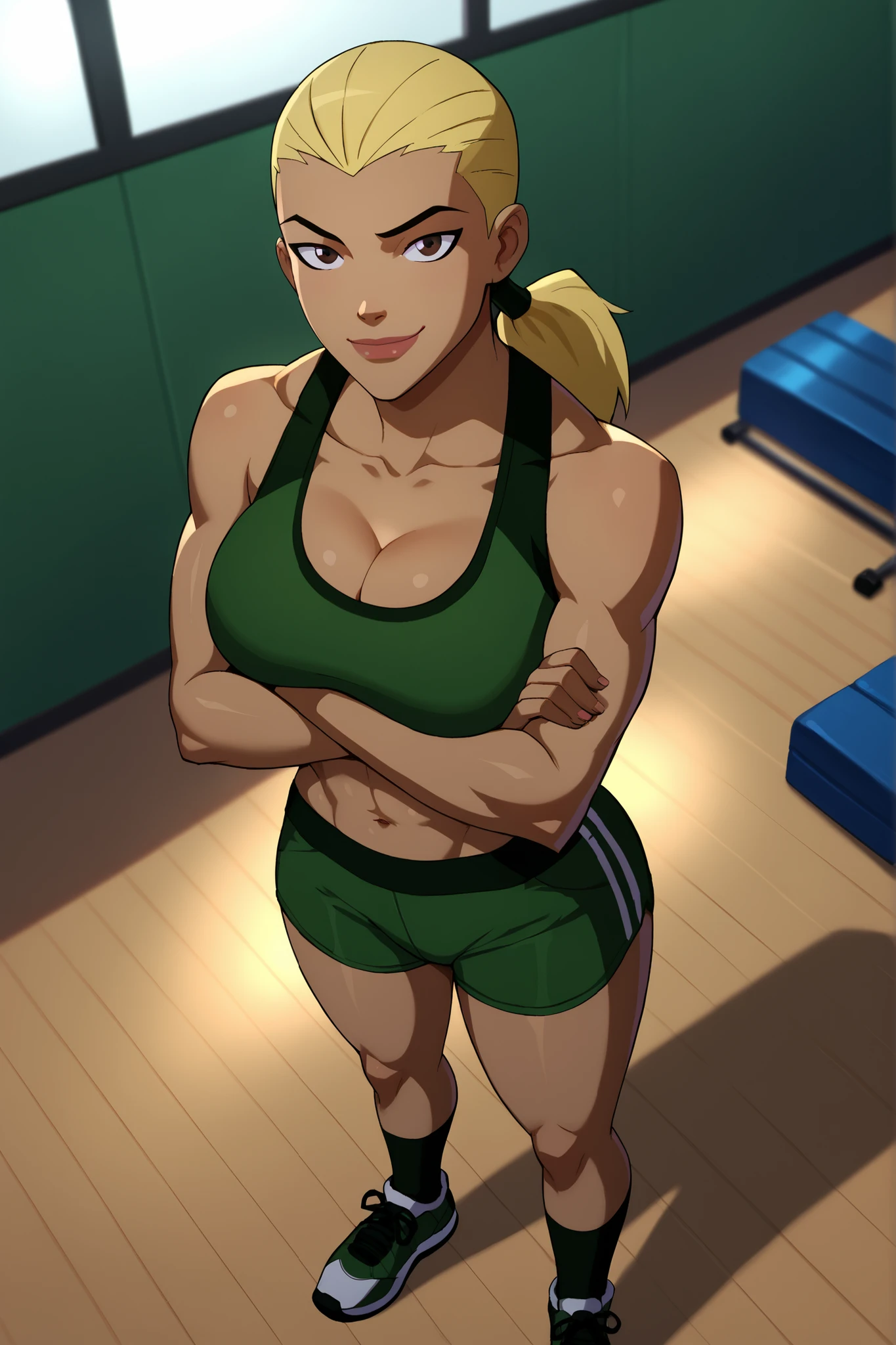 Cassie,blonde hair,solo,ponytail, green crop top, green yoga pants, shades,
standing, sweat, covered nipples,
smile, upper body,
indoors, yoga room,
(insanely detailed, beautiful detailed face, masterpiece, best quality), solo,
<lora:CassieCage-10v10:0.8>