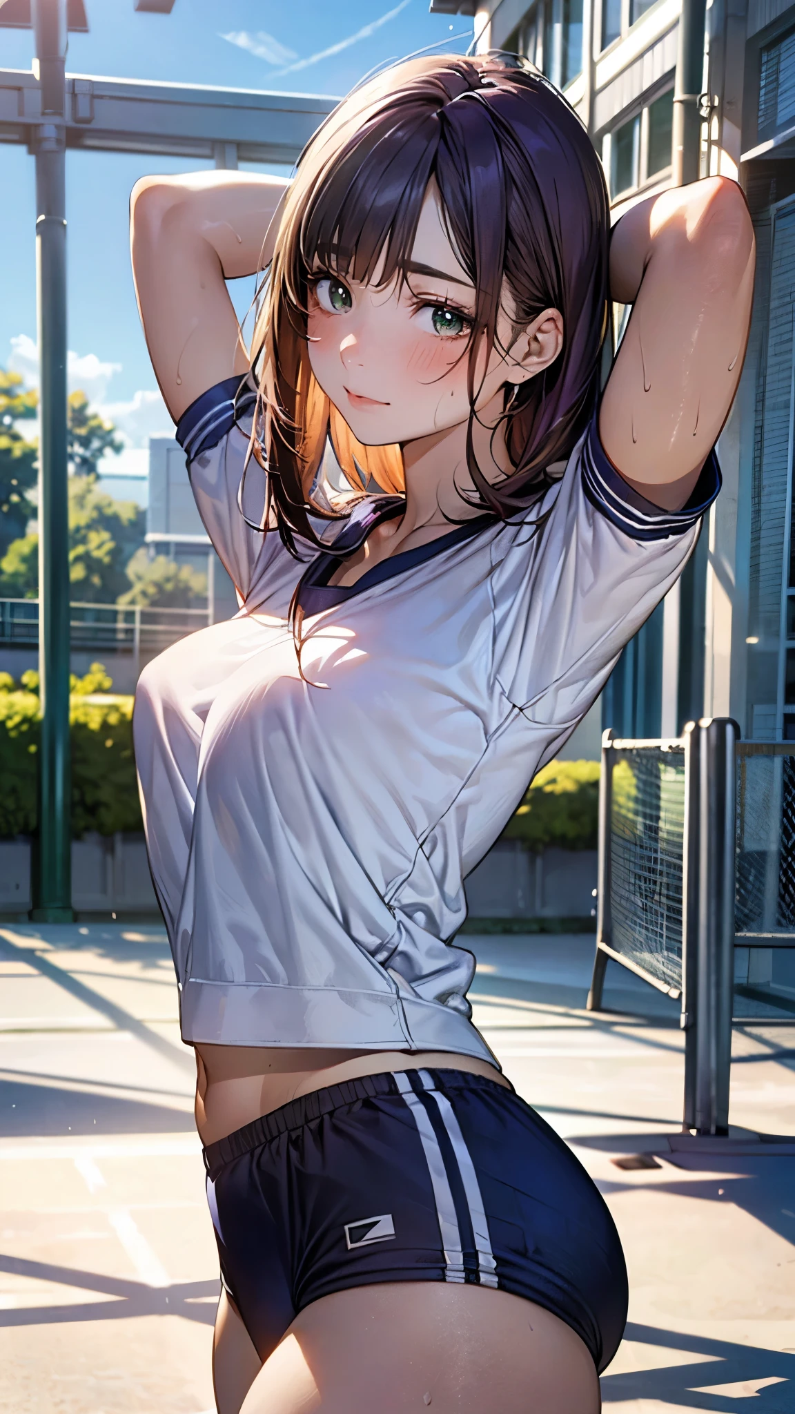 (masterpiece:1.2, top-quality), (realistic, photorealistic:1.4), beautiful illustration, (natural side lighting, movie lighting), nsfw,
looking at viewer, 1 girl, japanese, high school girl, perfect face, cute and symmetrical face, shiny skin,
(middle hair:1.5, side ponytail:1.2, light brown hair), hair between eyes, gold eyes, big eyes, long eye lasher, (medium breasts, thick thighs), slender,
beautiful detailed hair, beautiful detailed face, beautiful detailed eyes, beautiful clavicle, beautiful body, beautiful chest, beautiful thigh, beautiful legs, beautiful fingers,
(gym uniform, blue buruma),
(beautiful scenery), evening, (school grounds), standing, (lovely smile, upper eyes, parted lips),