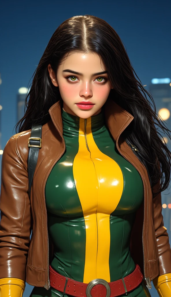 good anatomy, masterpiece, Best Quality, bokeh, depth of field, High resolution, high quality, 1 girl,
Cartoon_X_human_Rogue,propiowaifu,
long hair,old,brown hair,green eyes,Lipstick,make up,Lips,white hair,two-tone hair,sale,wavy hair,large old,messy hair,curly hair,big_hair,
yellow mono,jacket,gloves,belt,yellow gloves,green mono,mono,multicolored mono,superhero, tight skin,Multicolored clothing,