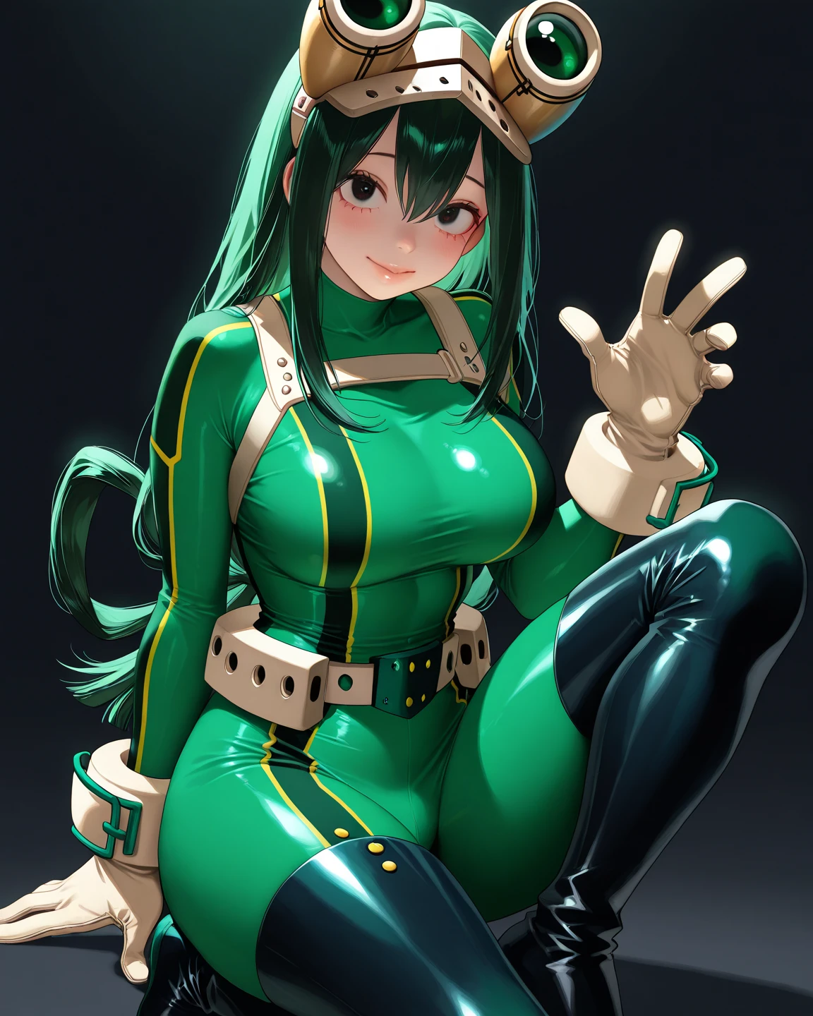 ((best quality)), ((highly detailed)), masterpiece, absurdres, (detailed eyes, deep eyes), (1girl), multiple views, upper body}, <lora:TsuyuAsui_Idk:.8>, tsuyu, ((green hair)), very long hair, (black eyes, :>:1.2), medium breasts, smiling, (tongue out, , ((green bodysuit)), superhero, skin tight, latex, covered nipples, camel toe, goggles on head, white belt, white gloves, thigh boots, (indoors, at a living room)