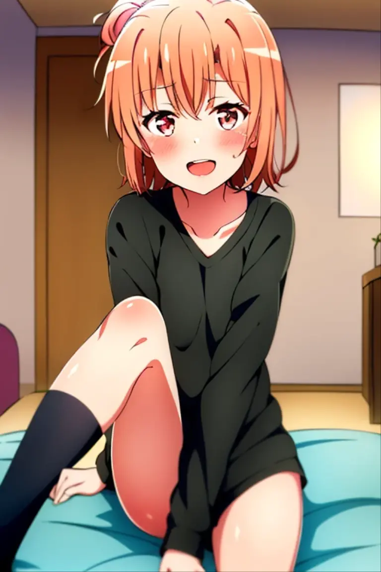 ((highest quality)), ((masterpiece)), (be familiar with), Perfect Face, indoor, Bedroom, Watching the audience,
One woman, Yuigahama Yui,
Open Mouth, Ecstatic expression, blush, smile,
Small breasts, Flat Chest, Young Girl, , , Girl,
Short Hair, Salmon-colored hair, Salmon-colored eyes, Side Pony,
Leg spread,