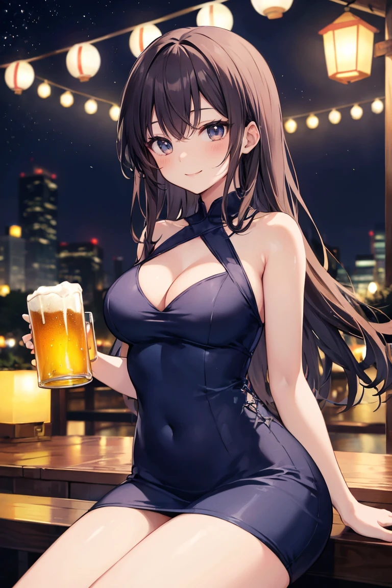 Photorealistic、Highest quality、Highest Resolution、Highest quality、16K、1 beautiful adult woman、Cute face、Delicate face、Bob cut hair、Ash brown hair color、Brown eyes、Delicate eyes、Beautiful Eyes、Beautiful breasts、Big Breasts、Black casual dress、night、dinner、bar、Beer 、cheers、
