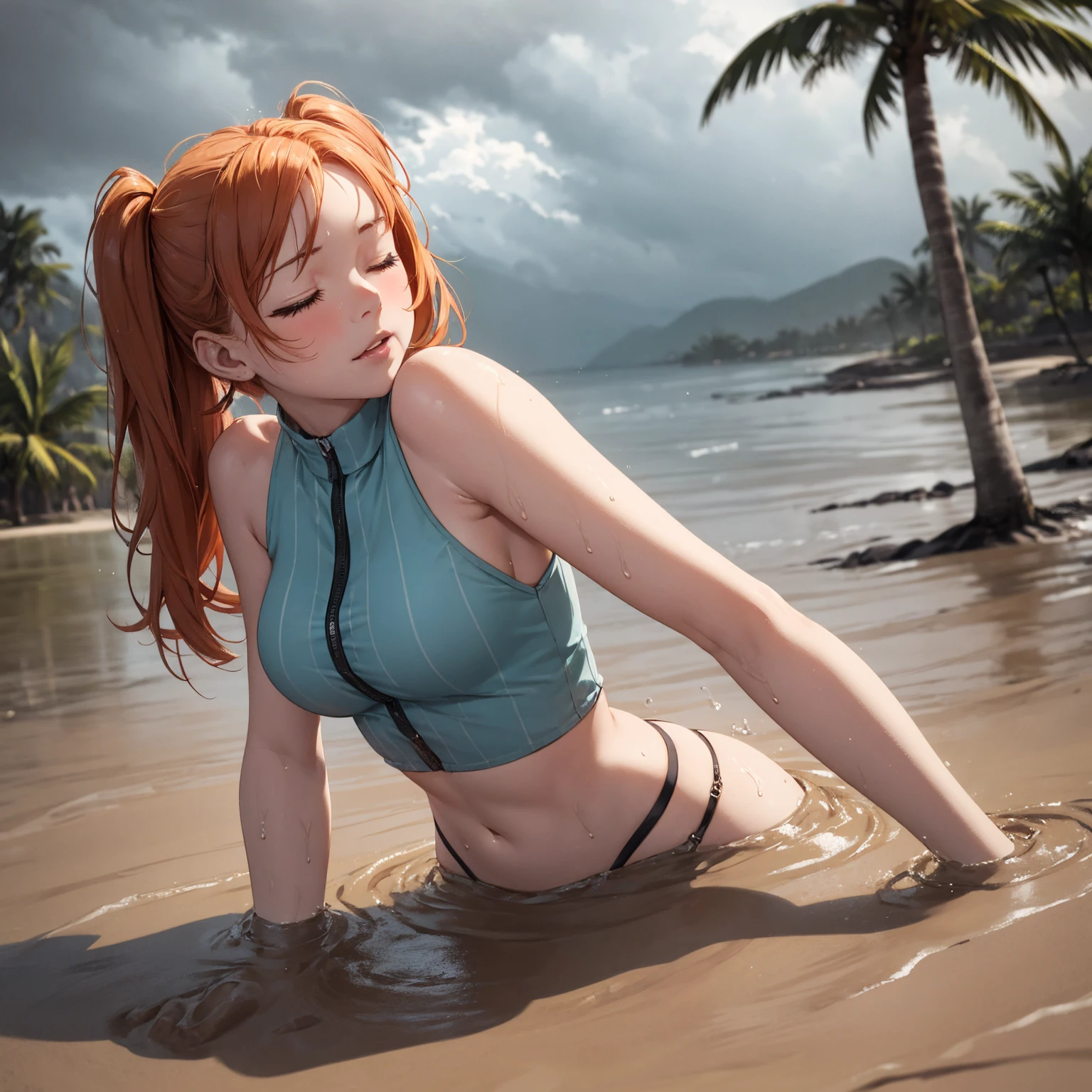 A shaver with red hair and gray eyes wearing a gorgeous Lolita dress is playing in the water at the beach. She is defending herself against someone splashing water on her body, her clothes are soaked and her sexy black underwear is leaking out