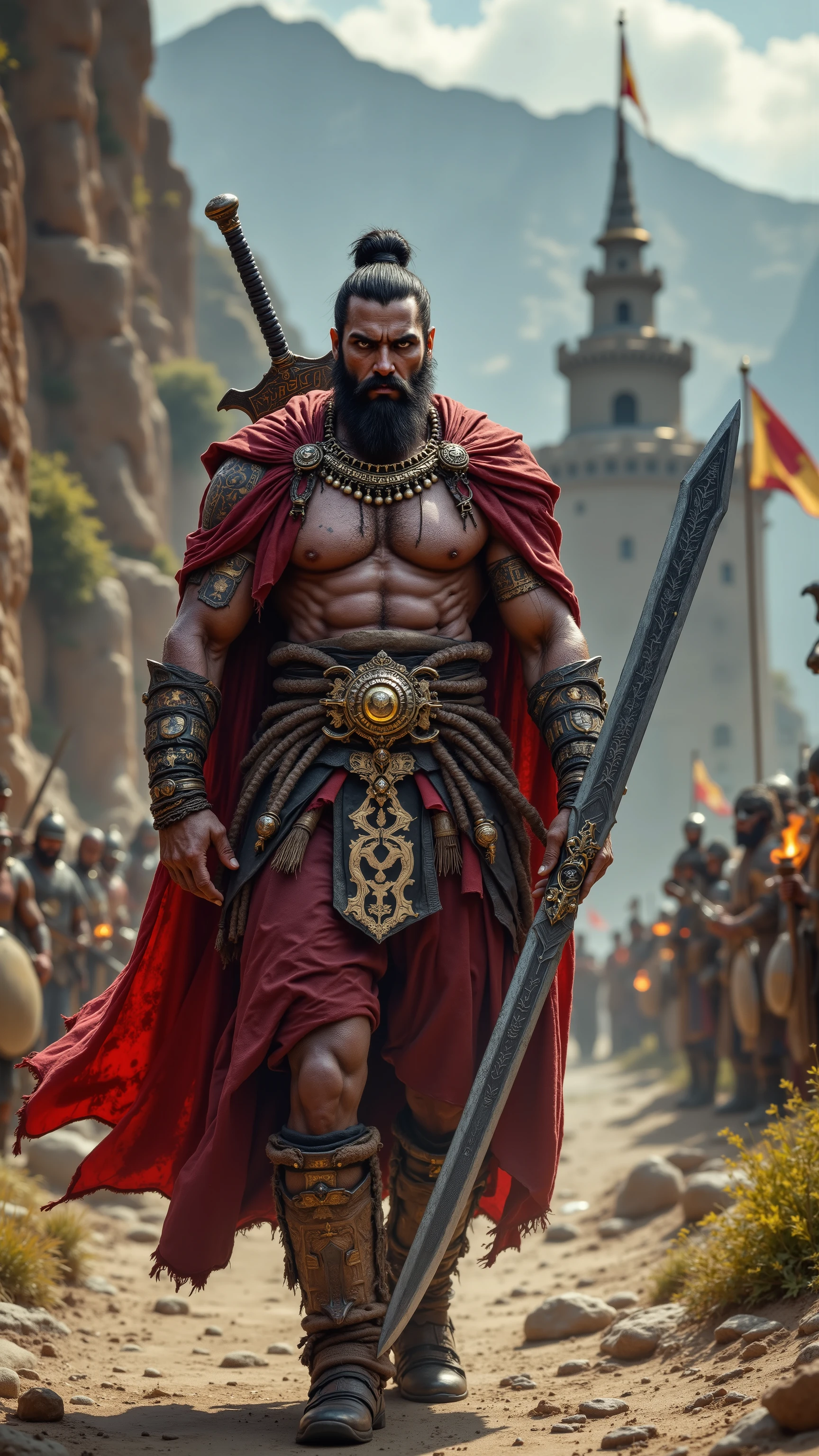 "Depict the Hindu god Lord Murugan, also known as Kartikeya, dressed in the iconic armor of Kratos from the God of War series. Murugan should maintain his traditional elements, such as his peacock mount, his spear (Vel), and his divine aura, while also embodying the fierce and rugged look of Kratos. The armor should be detailed, including the Spartan-inspired elements like the red war paint, leather straps, and ancient runic designs, seamlessly blending with Murugan's divine attributes. The background should evoke a mystical battlefield, with a fusion of Indian and Greek mythological elements, emphasizing Murugan's strength and warrior spirit."