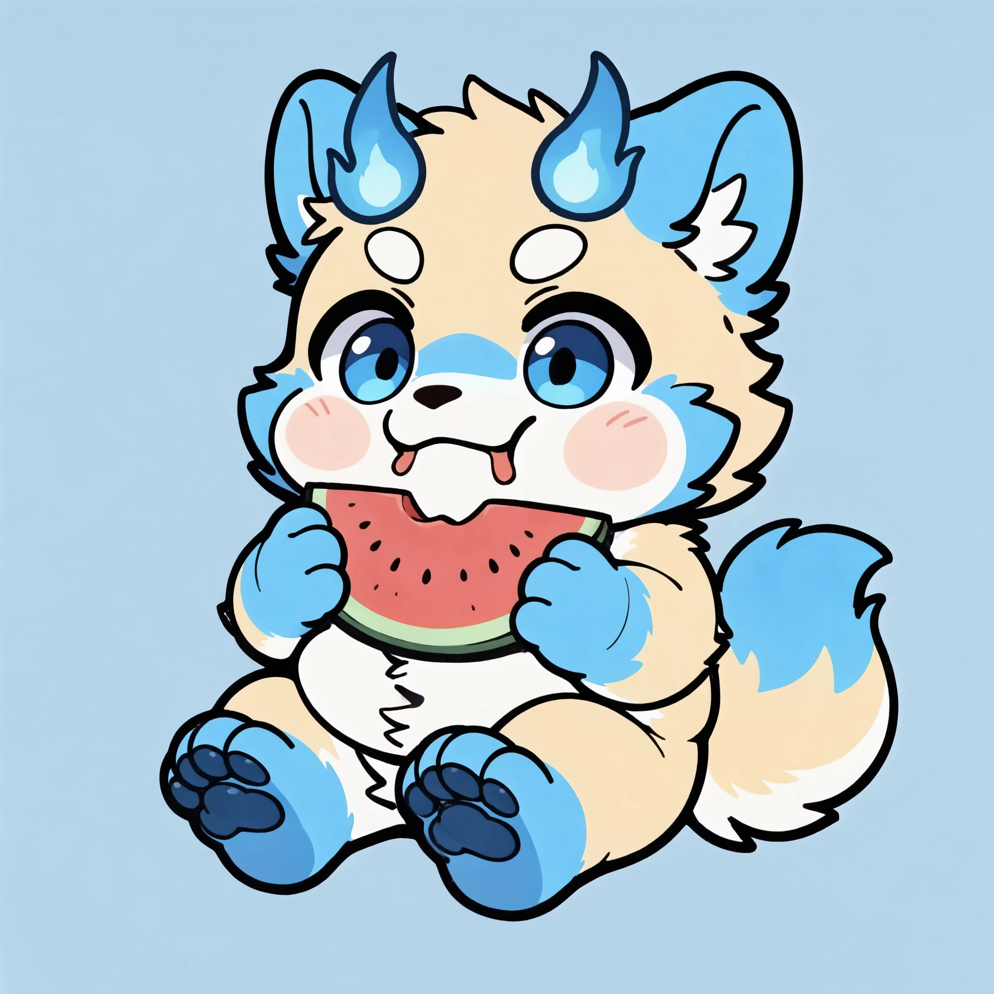 portrait, solo, male, blue ear,overweight, young, fur, tail,chibi, chibi, Eating watermelon,blue foot