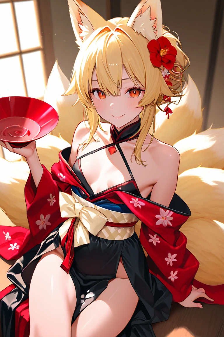 yuanshen,1girl,animal ears,multiple tails,tail,japanese clothes,fox ears,fox tail,kimono,sitting,kitsune,wide sleeves,fox,holding,long hair,kyuubi,hand fan,animal,hair ornament,solo,looking at viewer,long sleeves,blonde hair,rope,holding fan,makeup,bell,torii,mask,fox girl,perfect hands, huge breasts, cleavage, mature, wild hair, hair covering one eye,