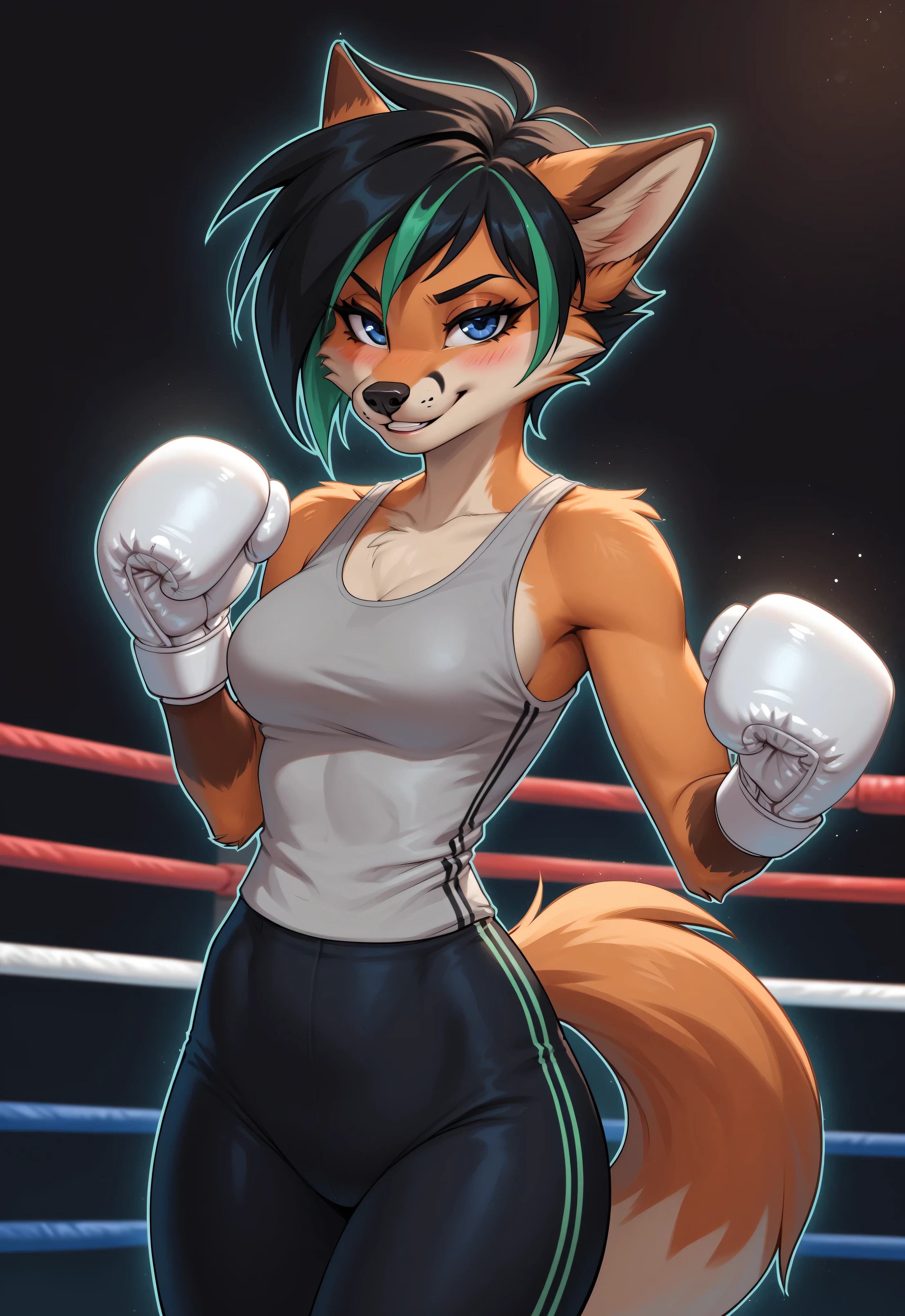 (4K HD Quality), score_9_up, score_8_up, score_6_up, anthro, solo, 1girl, anthropomorphic, furry, fox, orange fur, dark blue eyes, white face, black nose, small medium breasts, fox tail, (white claw:1.1), pink pad paws,
(Short hair, (black hair:1.4), green highlights, green streaks hair),
(brown ear top:1.1), (white tips tail:1.2),
((brown arms:1.4):1.4),
(White Boxing gloves:1.4), (grey Singlet:1.4), (black leggings:1.4),
(White outline:1.2), blushing, smile, looking at view, Half-closed eyes, close-up view,
Sanding in boxing, boxing, ready for fight, (simple dark background:1.1),
