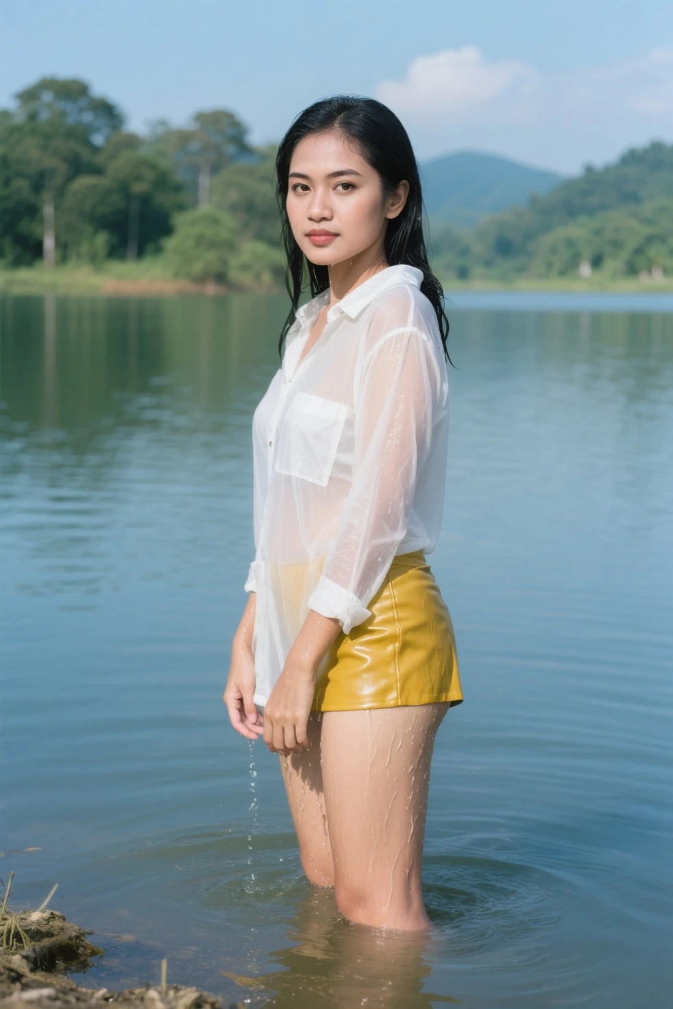 On the top of the Alps, a beautiful Taiwanese girl (with clear facial features) wearing a large white shirt, soaked by heavy rain, dancing barefoot, happy, rain in the sky
