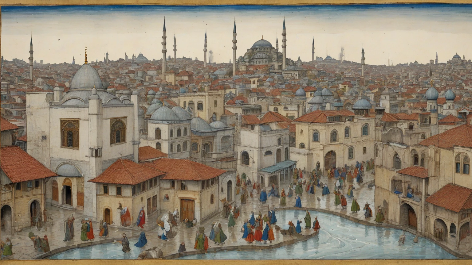 <lora:Maurice Prendergast Style:1>Maurice Prendergast Style - a faraway view of a stunning fantasy city of blue, teal, green, purple, and rose