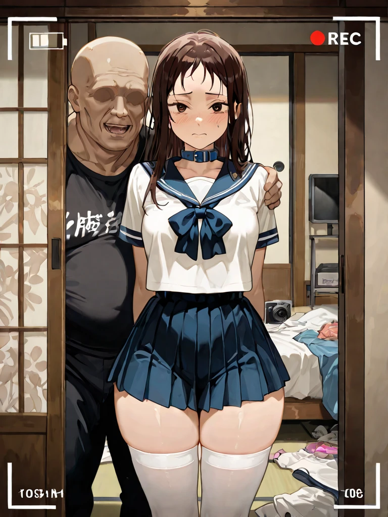 nsfw,{{{Reverse Shot}}},{{While changing clothes}},1 Bald Old Man ,1boy and 1girl, girl's spread arms, grabbing breasts, grabbing from behind,{{look far away}},high school girlwindow in room,half eye,valley,Glimpse{{white bra}},{masterpiece,best quality,illustration},17 years old,{{黒髪medium long hair}},beautiful large and medium size breasts 1:4,16 years old,{{beautiful eye1:4}},high school girl,{{long hair}},shyness,{{calf white socks}},{{droopy eyes}}