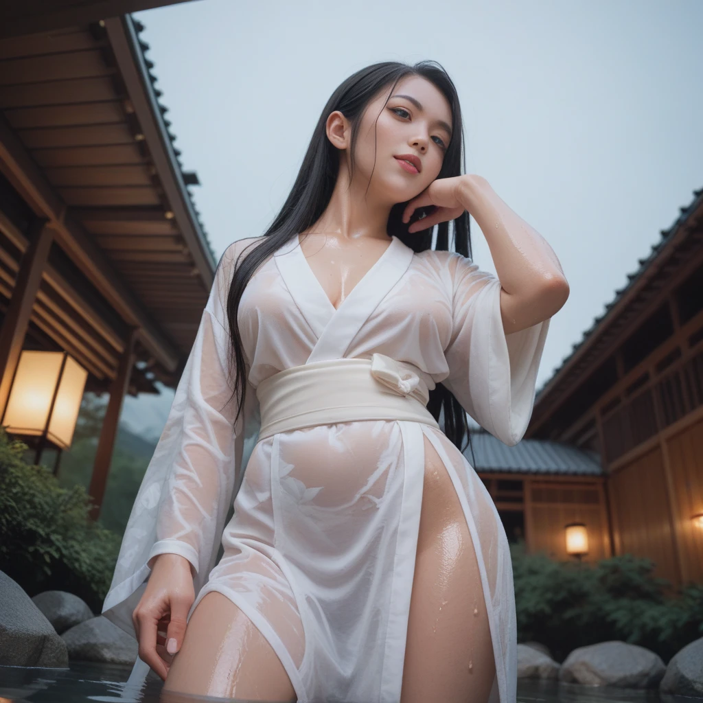 Young long black hair beauty、Ghostly pale skin、A thin white yukata that gets wet and sticks to the skin、Old house in the background、A full-length figure staring intently at us、without underwear、HugeBoobs、You can see the tip of the nipple、