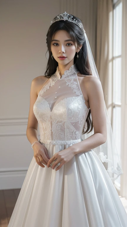(masterpiece:1.2, bestquality), Realistic, (Real picture, intricate detailed, Depth of Field), Separate mouth, high neck lace skirt，high-detail, perfect face, Perfect body, Large Models,
mature woman, Tall, elongated legs, 
Natural background bokeh