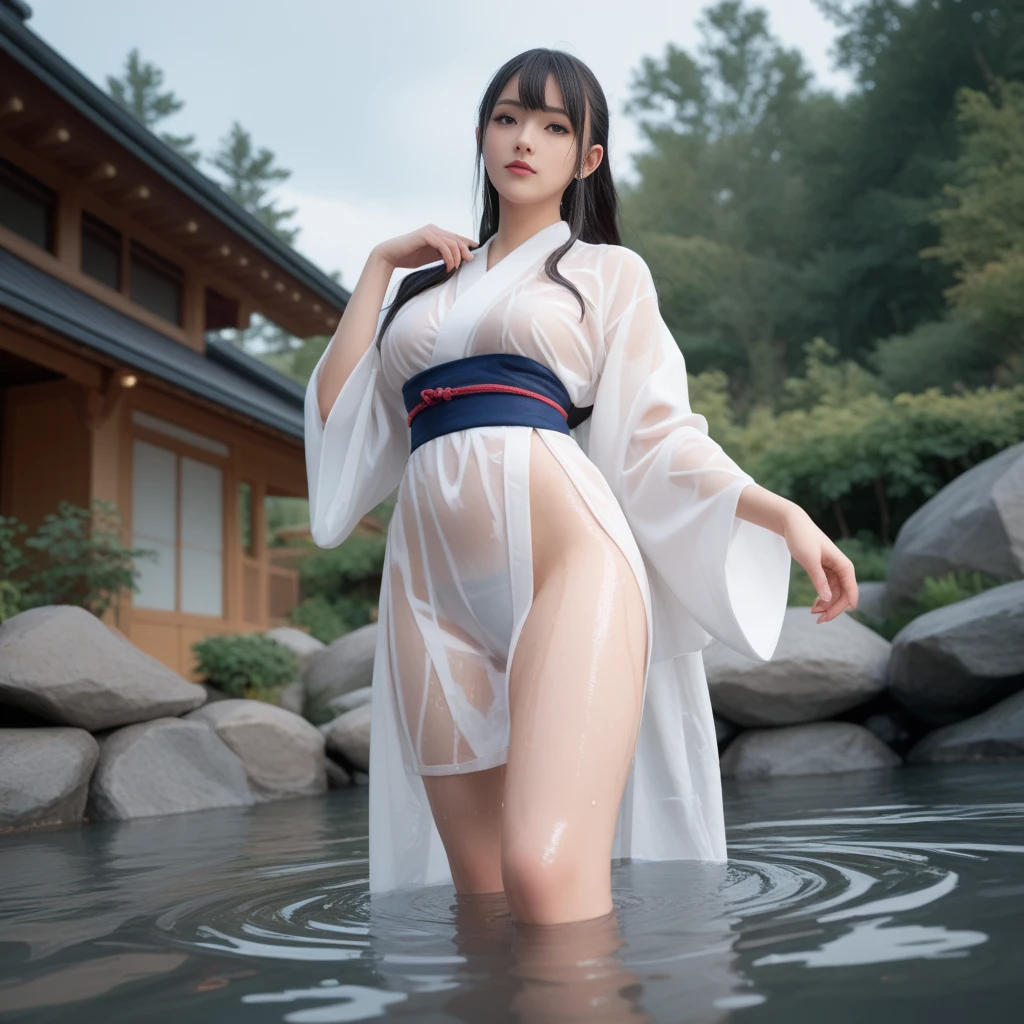 Young woman, very delicate and beautiful eyes, black hair, long hair, bangs, hair accessory, wet hair, very detailed, standing in ankle-deep water, reflection, big moon, rain falling, wet clothes, Japanese clothes, white kimono, translucent, floral pattern, open shoulder, open chest, wet, lantern, night, outdoors, rain, mountains, clouds, lantern, night sky, trees, great detail, CG, movie light , Detailed background, East Asian architecture