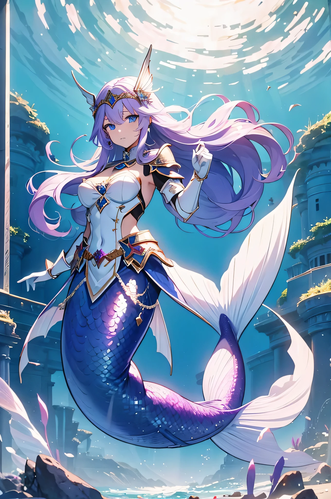 4K,High resolution,One Woman,Mermaid,White purple hair,long hair,Blue Eyes,Big Breasts,Green scales,The Little Mermaid,Princess Knight,White knight armor,Full Armor,Jewelry decoration,Pearl decoration,Long sword,In the sea,In the water,underwater temple