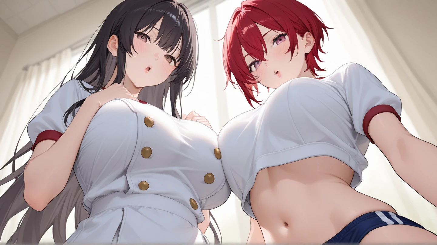 2women,Surtr(Arknights),Exusiai(Arknights),red hair,curvy body,wearing Muslim clothes(Surtr),big breast,big thighs,nsfw,bedroom, hugging, kissing passionately,red hair, wearing Muslim dress(Exusiai),sitting on a prayer mat,crying,nsfw