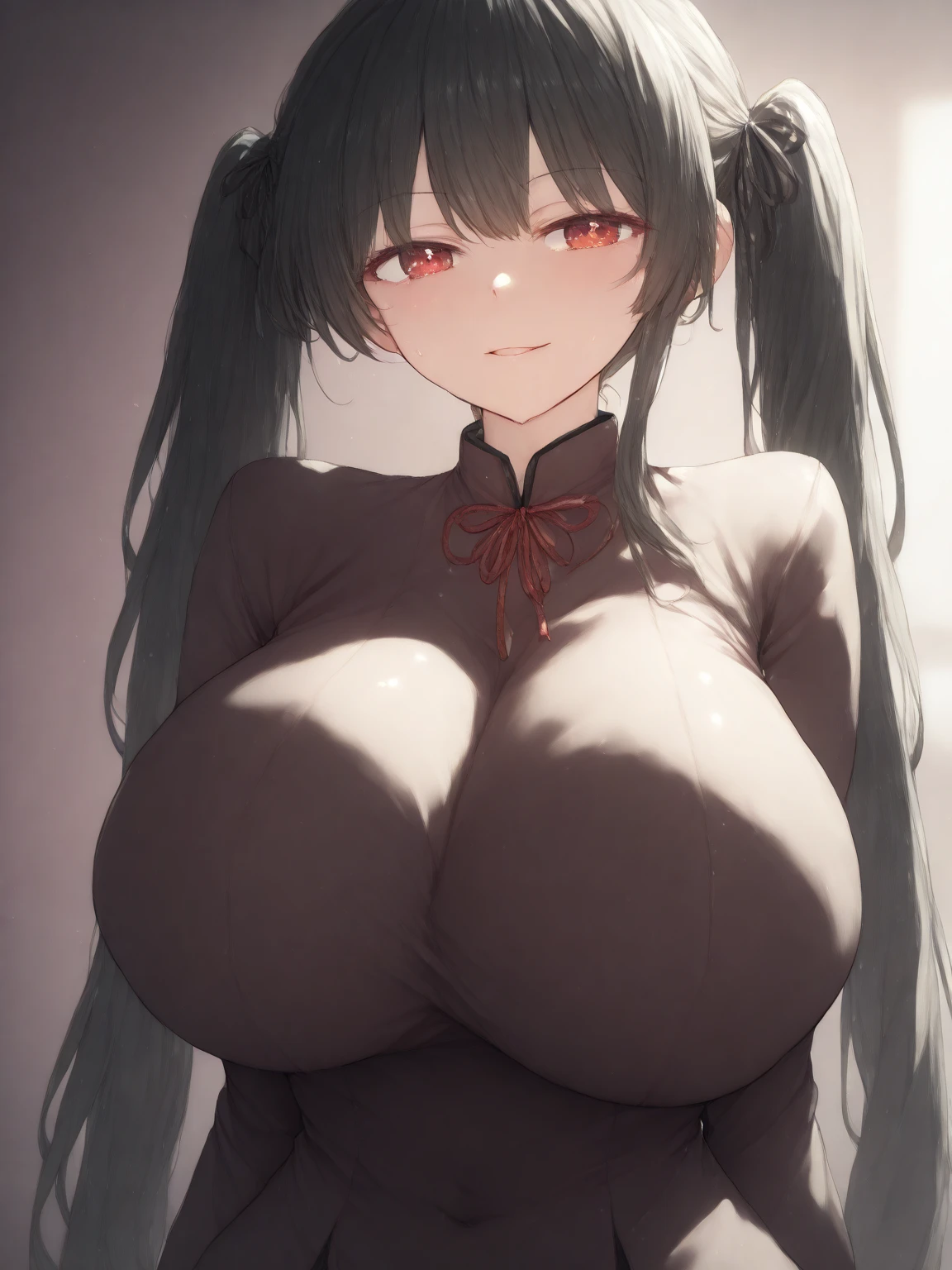 masterpiece, best quality, nfsw, best quality, extremely detailed, 1girl, :d, ahoge, bare shoulders, blush, bottle, breasts, choker, collarbone, dress, evening gown, hair ornament, highres, indoors, large breasts, long hair, one side up, open mouth, red choker, red dress, side slit, smile, solo, spaghetti strap, strap pull, taihou, forbidden feast, very long hair, <lora:taihou-V2-000002:1>