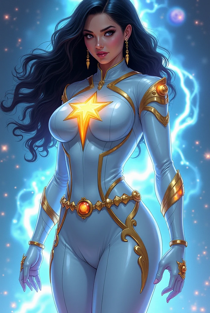 Mayara Rodrigues as a beautiful woman wearing a white scifi bodysuit artstyle by Adam Hughes, masterpiece, perfect pose, high quality, fine lines, thin strokes, ink painting style, soft colors, flowing brushstrokes, low angle